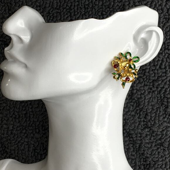 Vintage Christmas Bell Pierced Earrings Gold Tone w/‎ Green & Red - Picture 2 of 13